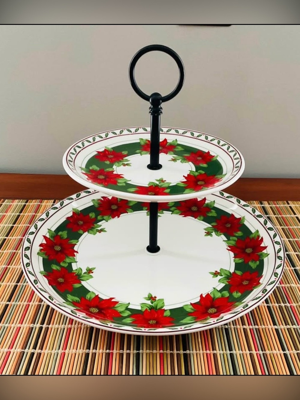 Vintage Hankook “Millennial Christmas” 2 Tier Red Poinsettia Design Tidbit Tray